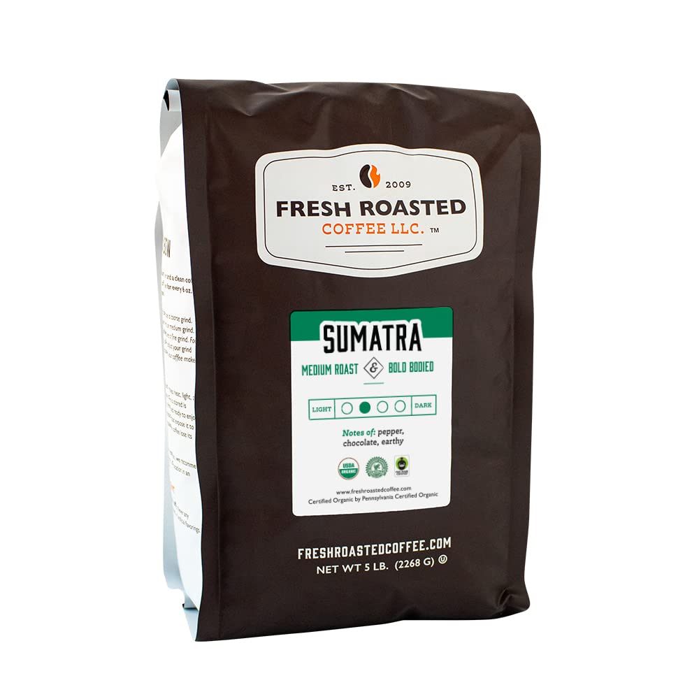 Fresh Roasted Coffee, Organic Sumatra | 100% Single Origin, USDA Organic, Kosher | Medium Roast 5 lb (80 oz) Whole Bean