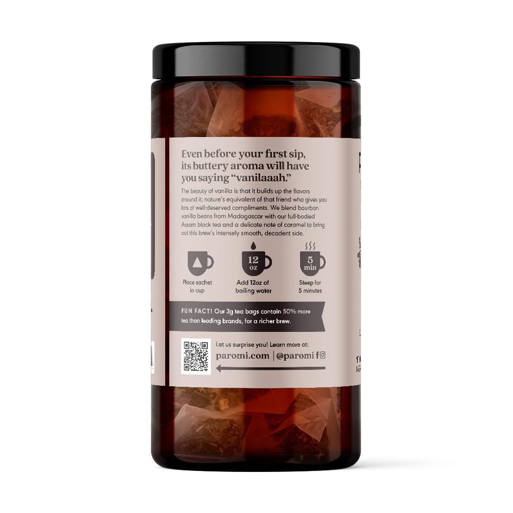 Paromi Spirit-Inspired Flavor Vanilla Black Tea, Signature Jar, 15 Count