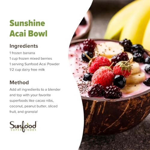 Sunfood Superfoods Organic Acai Powder - Acai Powder Organic, Acai Powder for Smoothie Bowles, Dried Acai Berry Mix with Antioxi