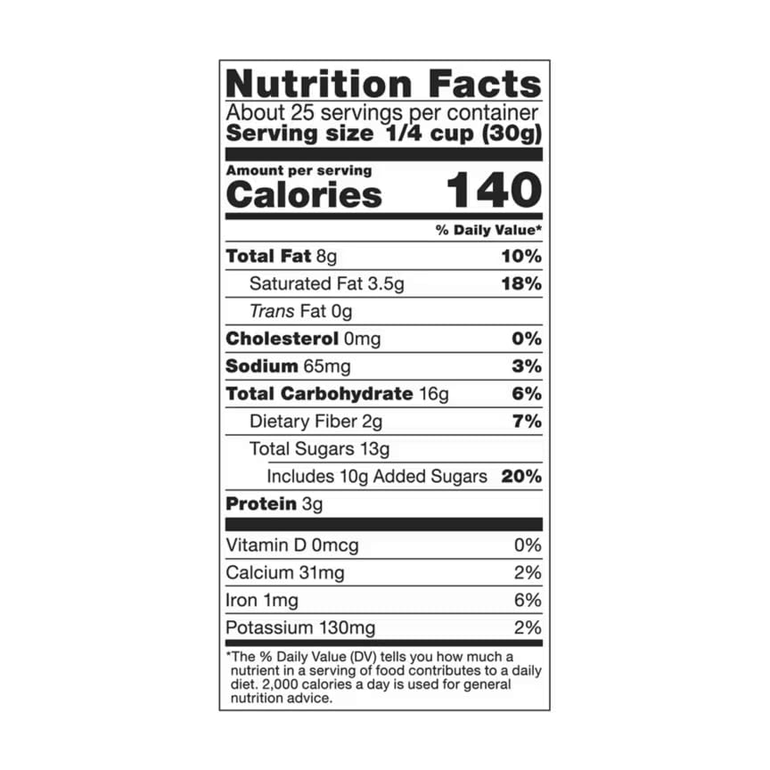 Grove Indulgent Trail Mix: Chocolate chips, Peanuts, Golden Raisins, White & Peanut Butter Drops, Almonds, Dried Cranberries, Ca