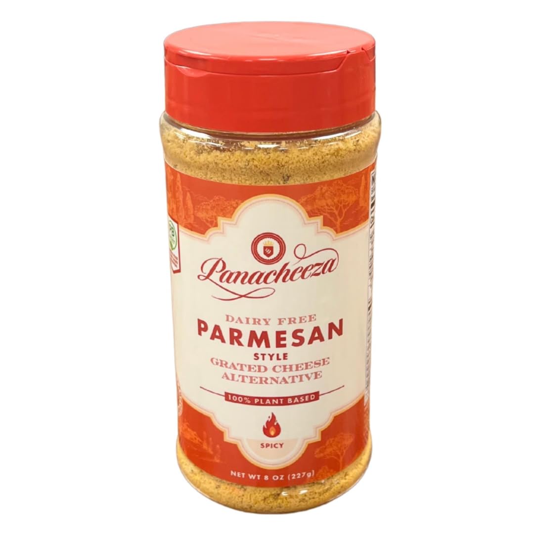Panacheeza Hot & Spicy Vegan Grated Parmesan Style, 8oz, Bold Flavor for Pastas, Pizzas, and Salads