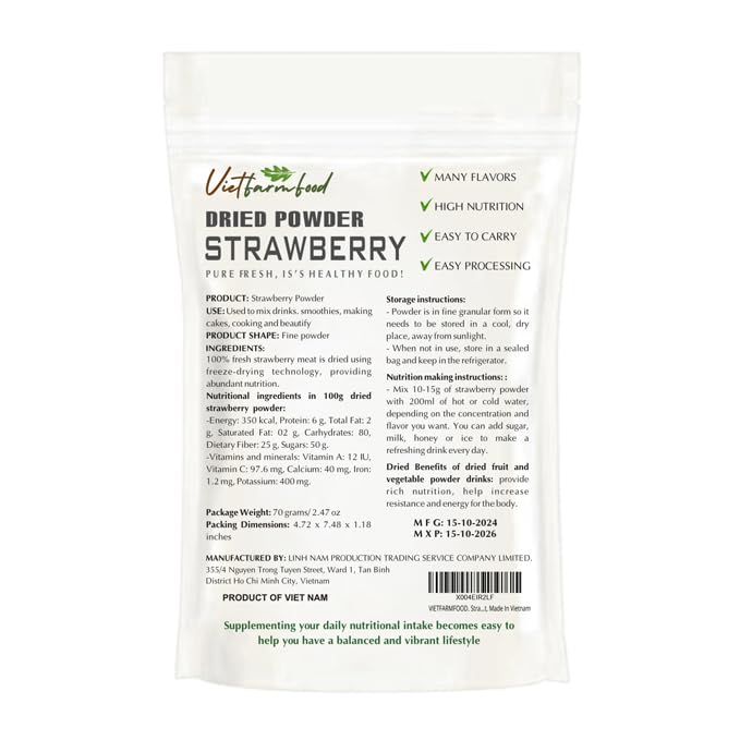 Strawberry Powder 2.47 Oz (70G) Vietfarmfood: Freeze-Dried Extracted From 100% Pure, Sugar-Free. Used To Mix Mixed Drinks Fresh
