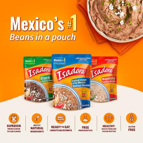 Isadora Original Refried Beans in Pouch (Pack of 14), Delicious Refried Pinto Beans, Microwave Food Premade Meals, Plant Based P