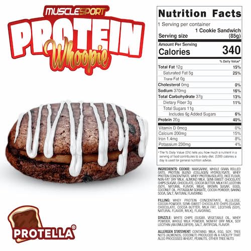 Musclesport Protein Whoopies - High Protein Cookies, 6 Pack Box, 3 Ounce, Brown, Whey and Collagen Fiber Source