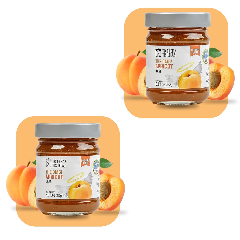 Apricot Jam No Sugar Added - 2 x 8 Fl. oz - Natural Sweetness Taste - Made in Greece, No Preservatives, Gluten Free Apricot Jam 