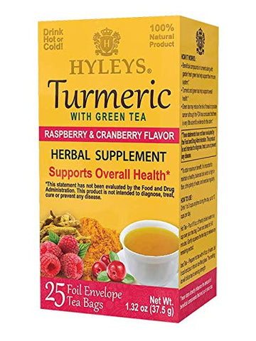 12 Pack Of Hyleys Turmeric With Green Tea Raspberry & Cranberry - 25 Tea Bags (100% Natural, Sugar Free, Gluten Free And Non-Gmo)