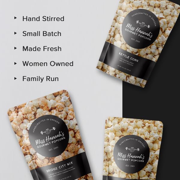 Miss Hannahs Gourmet Popcorn Starter Pack - Sea Salted Brulee, Bridge City Mix, Pickles & Popcorn - Non-GMO, Sweet & Savory Sna