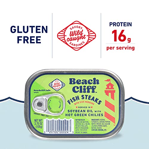 Beach Cliff Wild Caught Fish Steaks In Soybean Oil With Green Chilies, 3.75 Oz Can - 16G Protein Per Serving - Gluten Free, Keto
