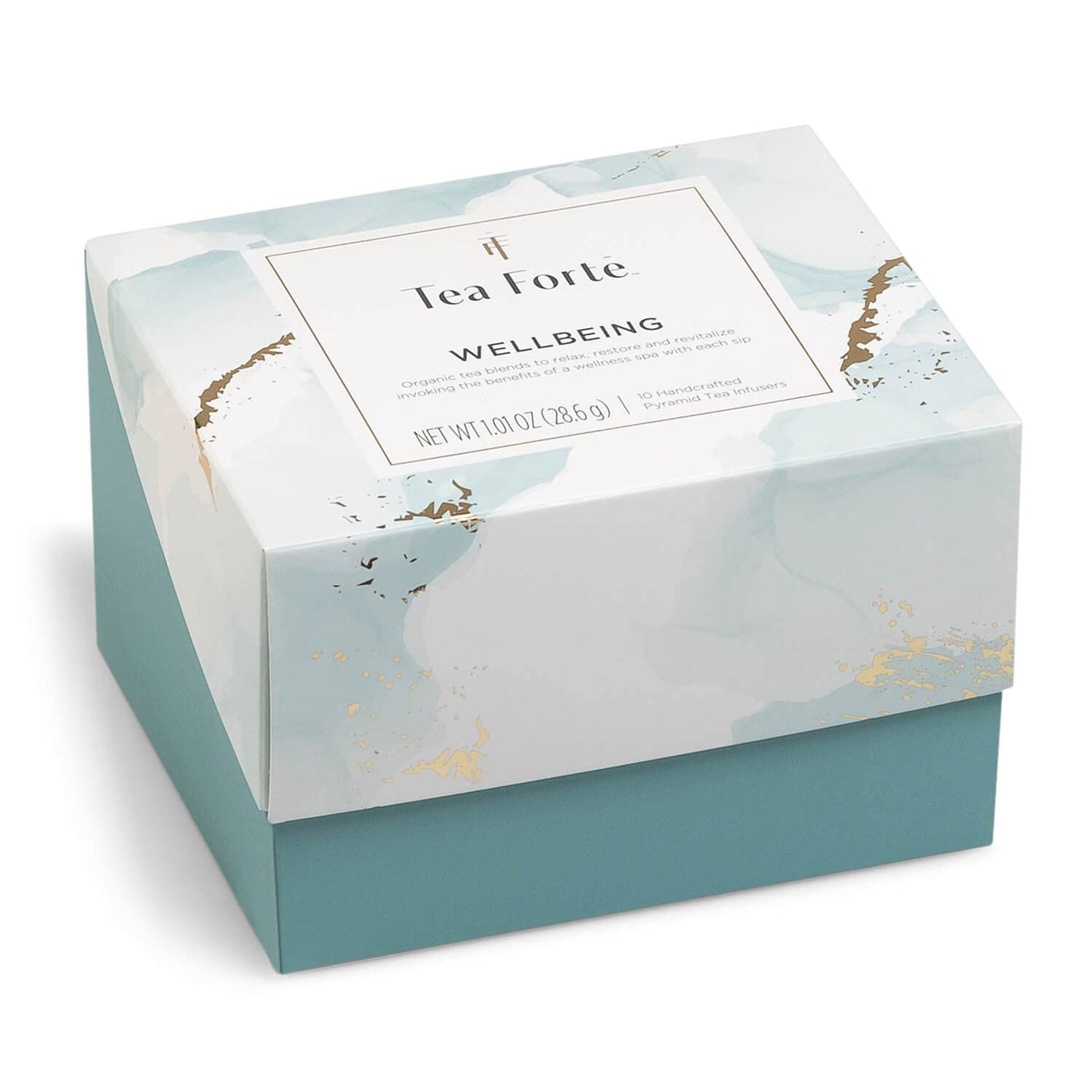 Tea Forte Wellbeing 3-Piece Premium Tea Gift Set With Light Blue Cafe Cup With Lid, Tea Tray And 10 Assorted 2 Of Each Variety O