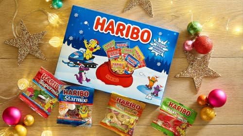 Haribo Christmas Candy Gift, Holiday Gummy Candy For Kids, Selection Box With Fun Activities, Includes Starmix, Super Mix And Mo