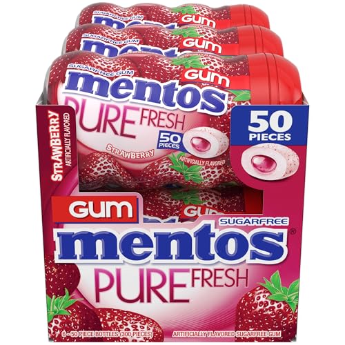 Mentos Pure Fresh Sugar-Free Chewing Gum With Xylitol, Strawberry, 50 Piece Bottle (Bulk Pack Of 6)