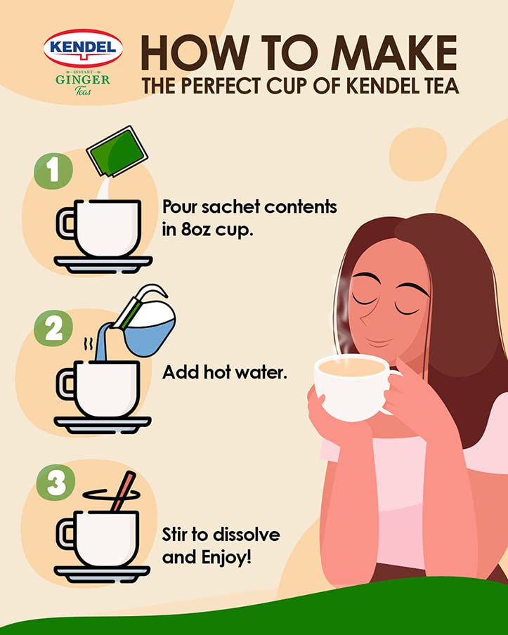 Kendel Instant Ginger Tea, Ginger-Tumeric Unsweetened, Caffeine Free, Non-GMO, 14 Tea Bags