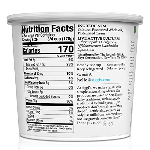 Siggis Icelandic Strained Whole Milk Yogurt, Plain, 24 OZ. - Thick, Protein-Rich Yogurt Snack
