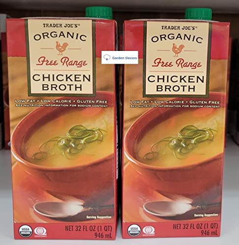 Trader Joes Organic Free Ranges Chicken Broth 32fl oz 946ml (Two Boxes)