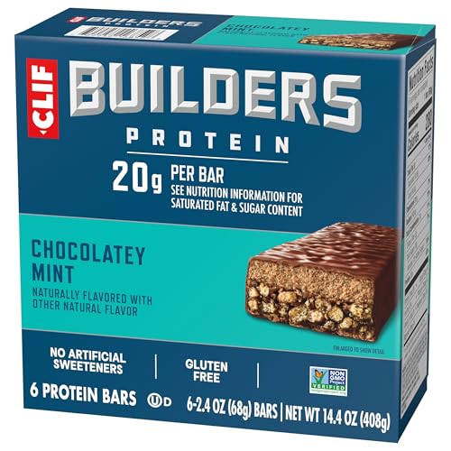 CLIF BUILDERS Protein Bars - Chocolate Mint Flavor - 20g Plant Based Protein - Gluten Free - Non-GMO - Low Glycemic - No Artificial Sweeteners - 2.4 oz. (6 Pack)