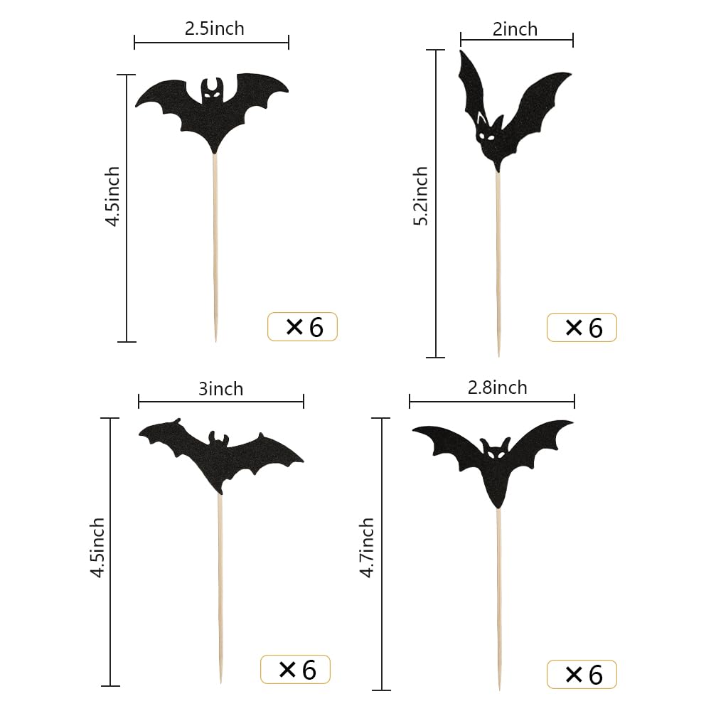 24Pcs Halloween Cupcake Toppers, Halloween Bat Cupcake Decorations, Black Glitter Bat Halloween Cupcake Picks For Halloween Part