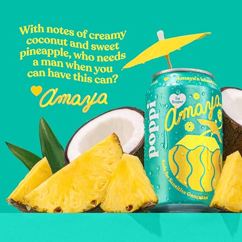 Poppi Sparkling Prebiotic Soda Beverage with Apple Cider Vinegar  Seltzer Water and Fruit Juice  Amayas Island Colada Limited Edition Flavor  12 oz  Pack of 12  Packaging May Vary
