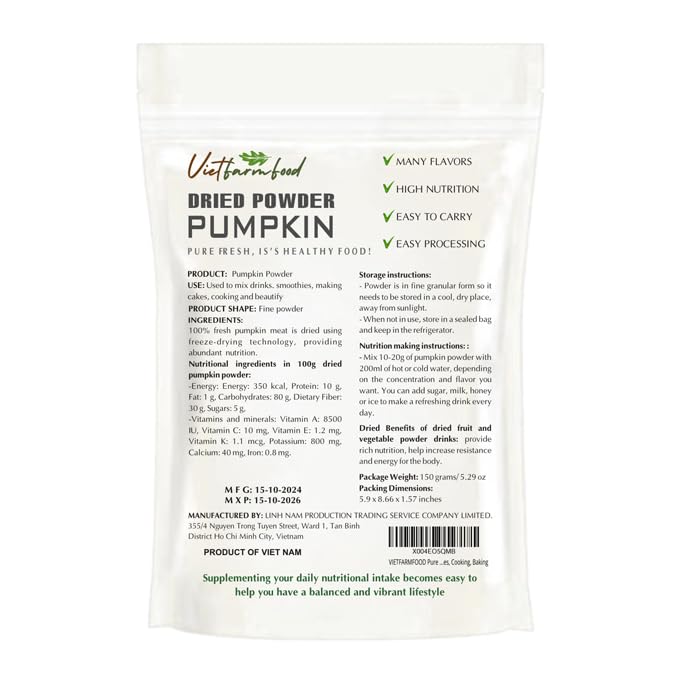 Pumpkin Powder 5.29 Oz (150G) Vietfarmfood: Freeze-Dried Extracted From 100% Pure, Sugar-Free. Used To Mix Mixed Drinks Fresh Fr