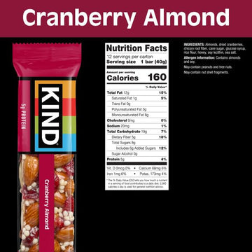 KIND Nut Bars, Cranberry Almond, Healthy Snack Bars, Gluten Free, Low Sugar, 6g Protein, 24 Count
