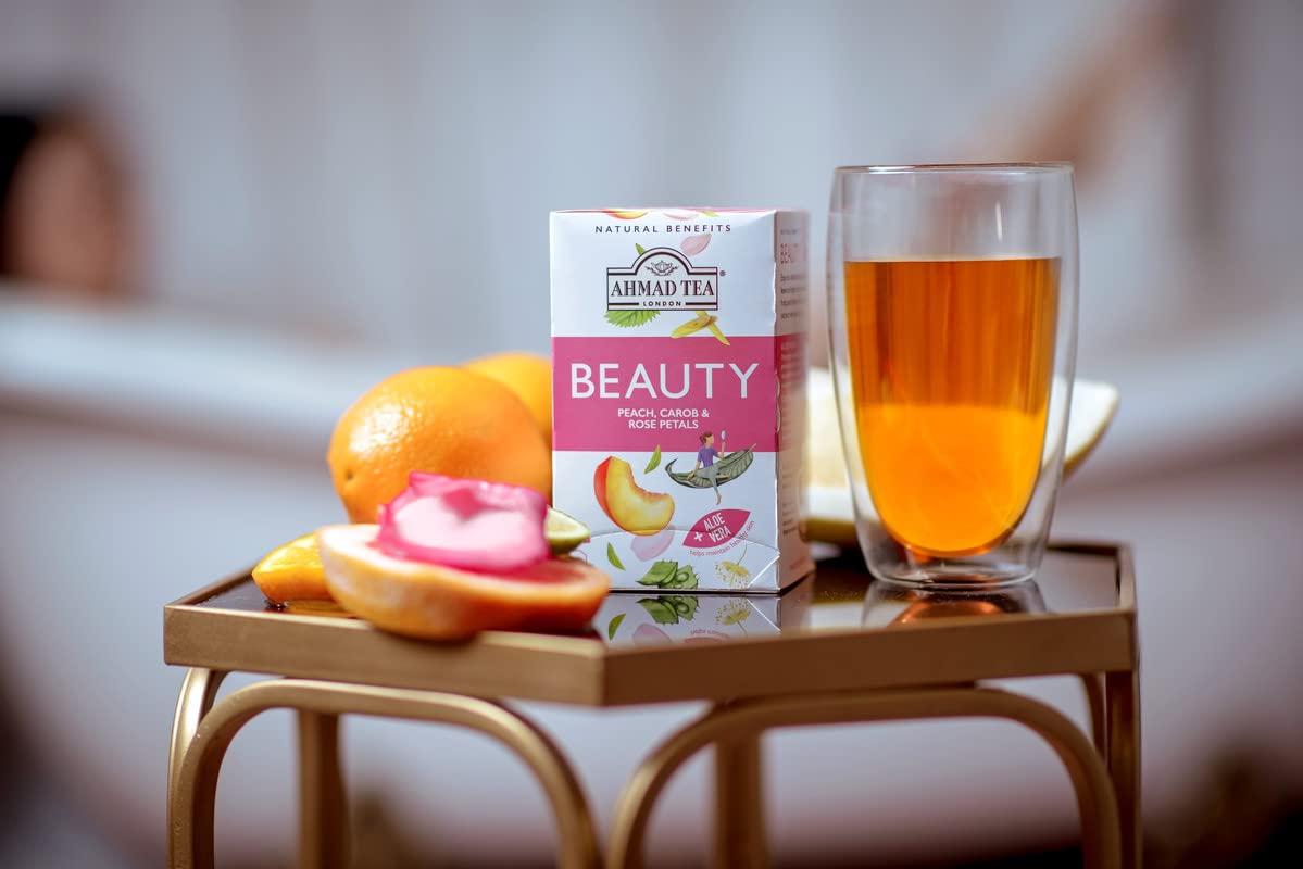 Ahmad Tea Herbal Tea, Peach, Carob, And Rose Petals 'Beauty' Natural Benefits Teabags, 20 Ct (Pack Of 1) - Decaffeinated & Sugar
