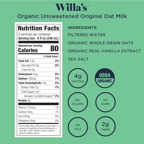 Willa s Organic Oat Milk - Unsweetened Original Oatmilk, Non-GMO, Shelf Stable, Low Sugar, Non-Dairy Vegan Milk, Made from Whol