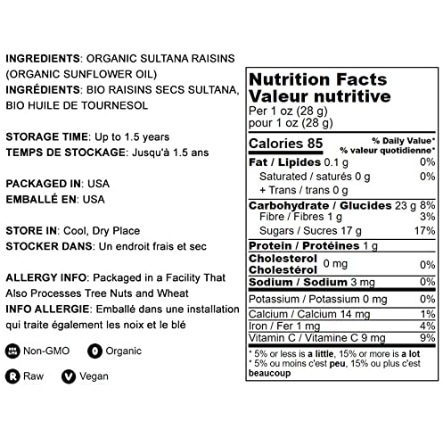 Organic Sultana Raisins, 1.5 Pounds - Non-GMO, Unsweetened, Unsulfured, Lightly Coated with Organic Sunflower Oil, Vegan, Paleo