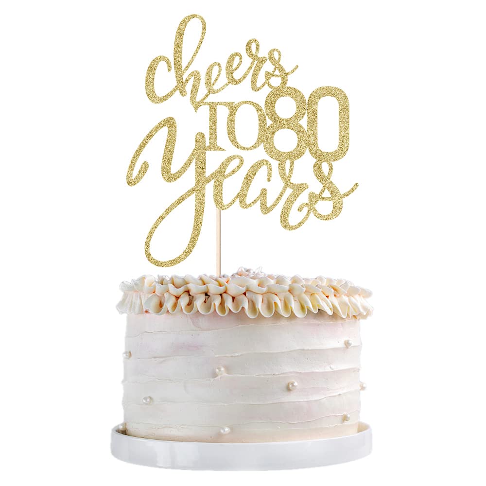 Qertesl Gold Glitter Cheers to 80 years Cake topper, Happy 80th Birthday Cake Decorations,Perfect for 80 Years Cake Decorating,W