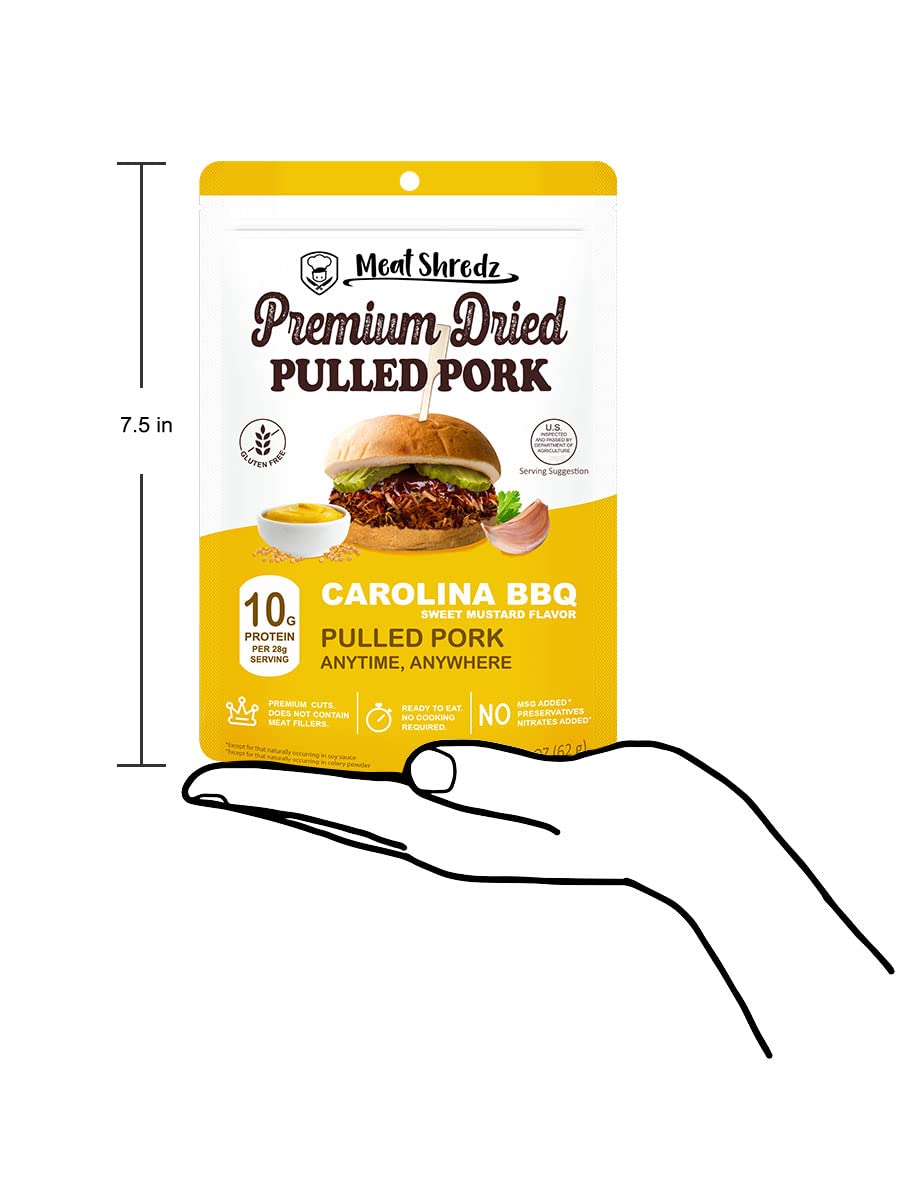 Meat Shredz - Enhanced Dried Pulled Pork (Carolina Bbq - Sweet Mustard, 4 Pack) | Gluten Free | High Protein & Low Sugar | Bacon Bits | Dehydrated Backpacking & Camping Food | Shredded, Dried Jerky Chew Snack