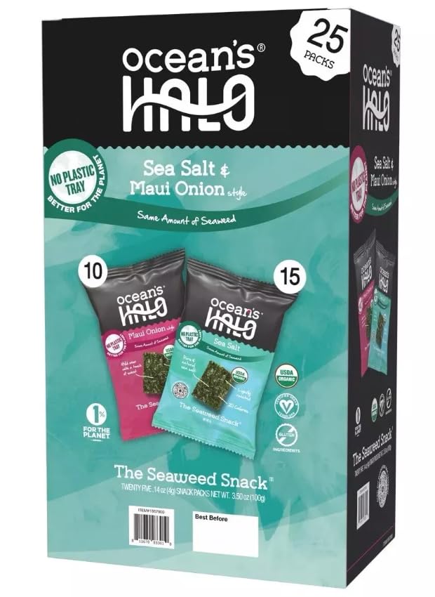 Oceans Halo Organic Seaweed Snack, Maui Onion & Sea Salt, 0.14 oz, 25 ct