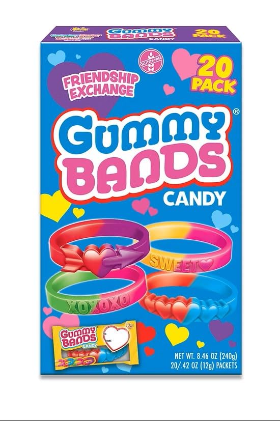 Gummy Bands Valentines Day Candy Bracelets, 20 Count, Individually Wrapped for Friendship Exchange, 8.46 Ounces