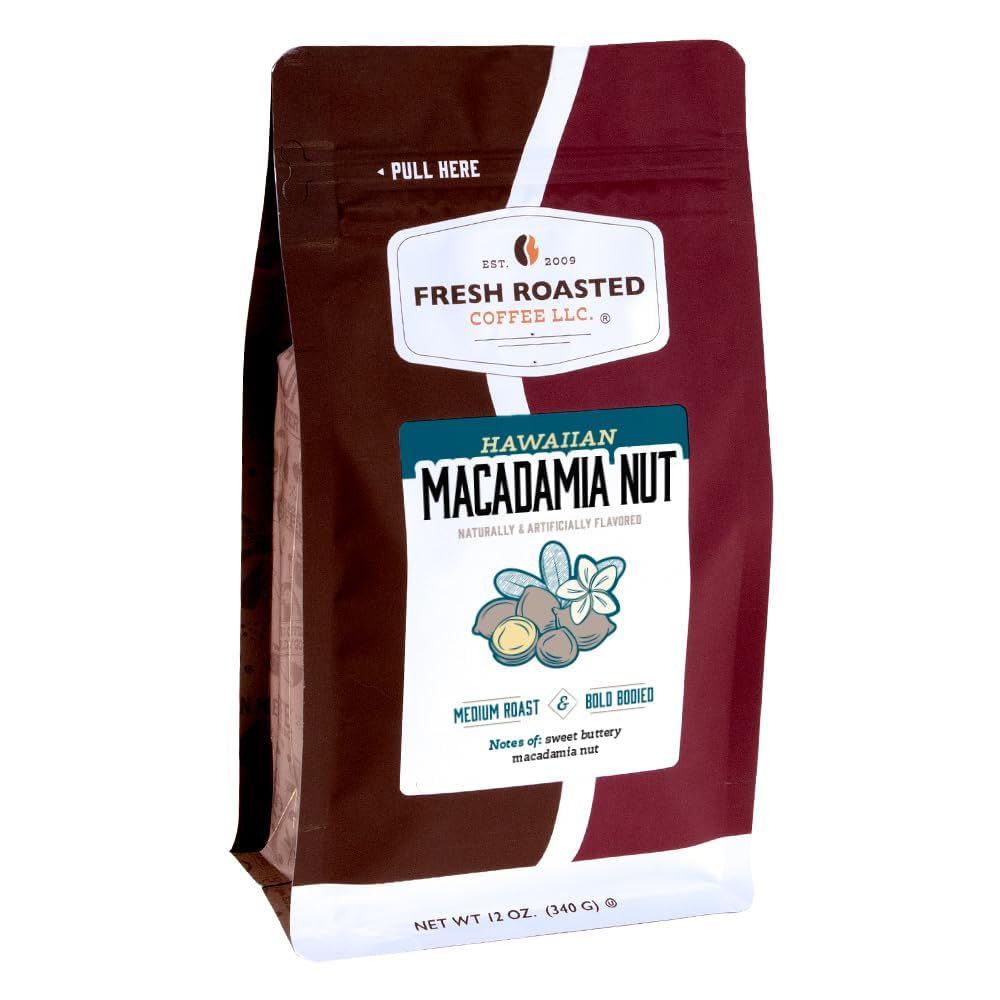 Fresh Roasted Coffee, Hawaiian Macadamia Nut Flavored Coffee, 12 Oz, Medium Roast, Kosher, Ground