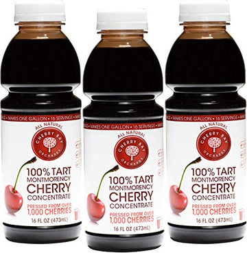 Cherry Bay Orchards Tart Montmorency Cherry Concentrate (3 Pack 16 Oz Bottle) - All Natural Juice Sleep Aid - GMO & Gluten Free, Kosher Certified, Antioxidants, No Added Sugar or Preservatives