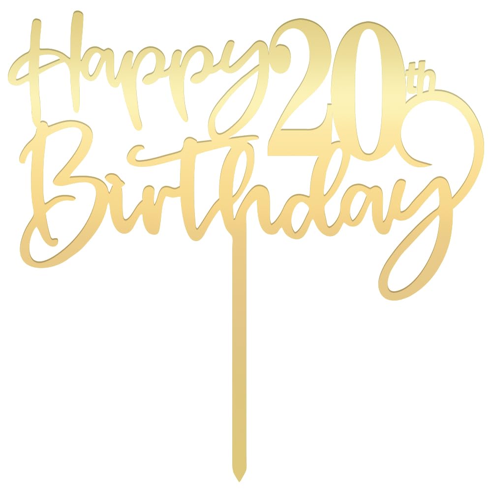 Happy 20Th Birthday Cake Topper - Mirrored Gold Acrylic, Party Decorations