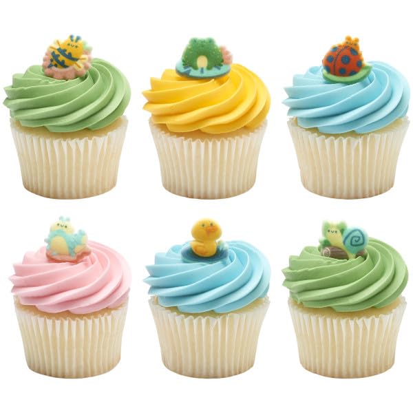 Spring Critters - Duck, Snail, Caterpillar, Ladybug, Bee Edible Sugar Cake Toppers, 12 Count