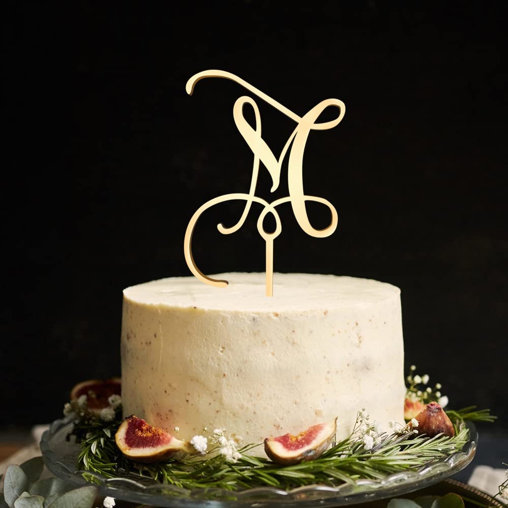 Kiskistonite Initials M Cake Topper, Monogram Cake Topper M, Rustic Wedding Cake Topper, Wreath Letter M Cake Topper, Mirror Gol