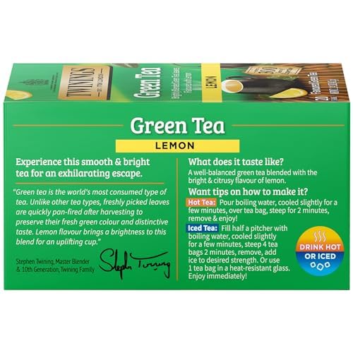 Twinings Green Tea with Lemon Individually Wrapped Bags, 20 Count (Pack of 6), Zesty Citrus Aroma & Flavour, Caffeinated, Enjoy