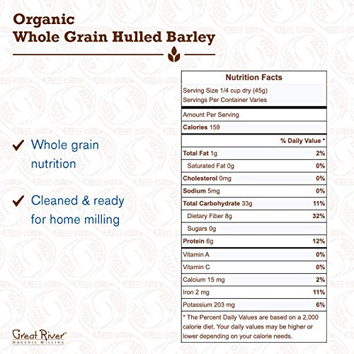 Great River Organic Milling Organic Hulled Barley Grain | Whole Grain Barley for Home Milling, Cooking, and Baking | High Fiber,