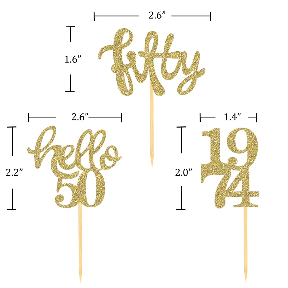 24 Pcs Gold Glitter 50Th Birthday Cupcake Toppers For 50Th Birthday Celebrating Party Decorations