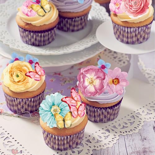 102Pcs Edible Flowers And Butterfly Cake Topper Cupcake Wafer Paper Wedding Themed Party Kids Wedding Girl Women Party Birthday