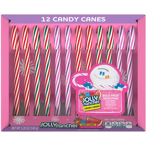 Hershey (1) Box Jolly Rancher Candy Canes - Bold Fruit Smoothie Flavors - Strawberry, Mixed Berry, Watermelon - 12Pc Holiday Can