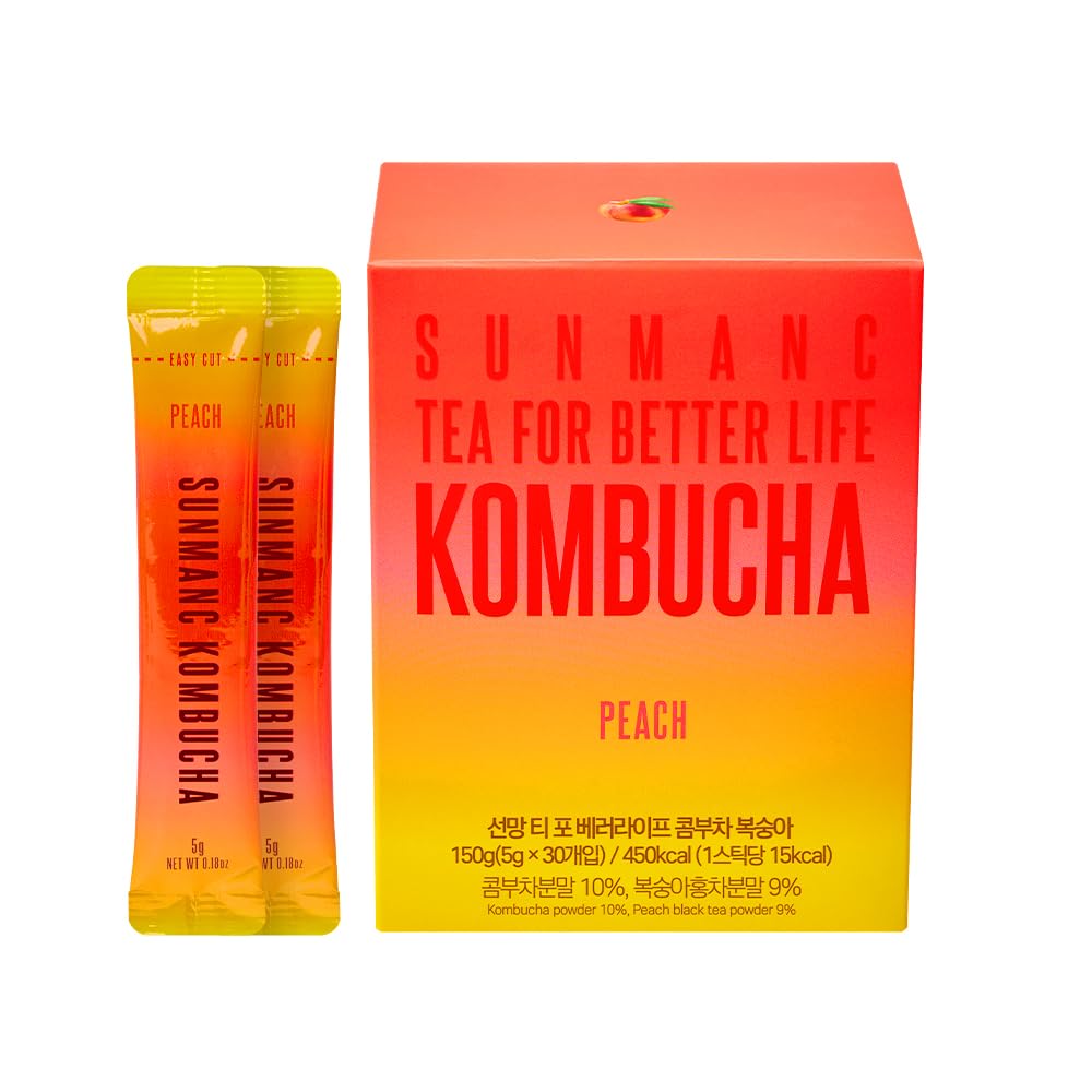 Sunmanc Kombucha 30 Packets  Sparkling Probiotic Fermented Drink  Convenient Powdered Drink Mix  Tea Powder  Low Calories  Sugar 0G  Low Energy Blend (Peach)
