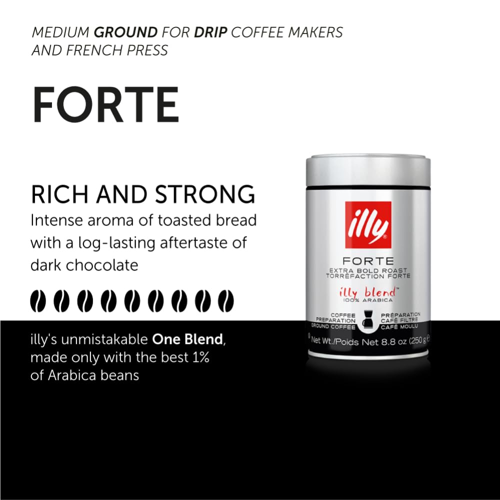 Illy Drip Coffee - Ground Coffee - 100% Arabica Ground Coffee – Forte Extra Dark Roast - Notes Of Dark Chocolate & Toasted Bread Aroma - No Preservatives – Rich & Strong – 8.8 Ounce, 6 Pack