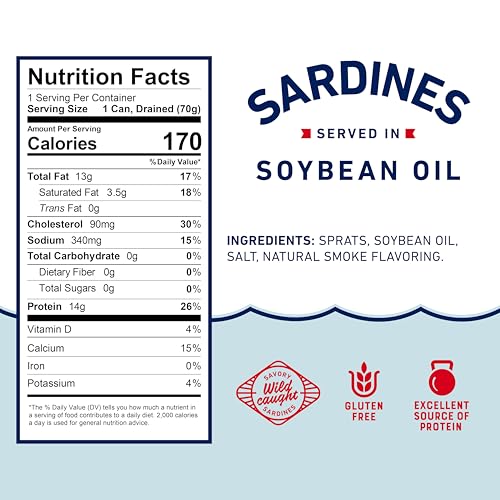 Beach Cliff Sardines in Soybean Oil, 3.75 oz Can, 13g Protein, Gluten Free, Keto Friendly