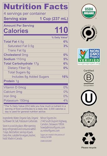 Minor Figures - Oat Milk  Organic Barista  32 Fl oz x 6 Cartons  Dairy Free & Vegan  No Added Sugar  Long Shelf Life  6 pack