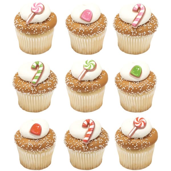 Red, Green, And Pink Lollipop, Candy Cane, Gum Drop Shape Edible Sugar Cake Toppers, 12 Count
