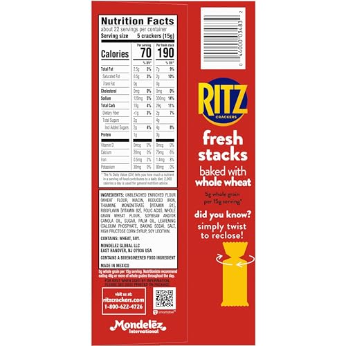 RITZ Fresh Stacks Whole Wheat Crackers, Bulk Travel Snacks, Holiday Crackers, 6 Boxes (48 Multi Snack Packs)