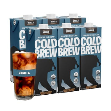 Wandering Bear Organic Vanilla Cold Brew Coffee, 32 Fl Oz, 6 Pack - Extra Strong, Smooth, Organic, Unsweetened, Shelf-Stable, An