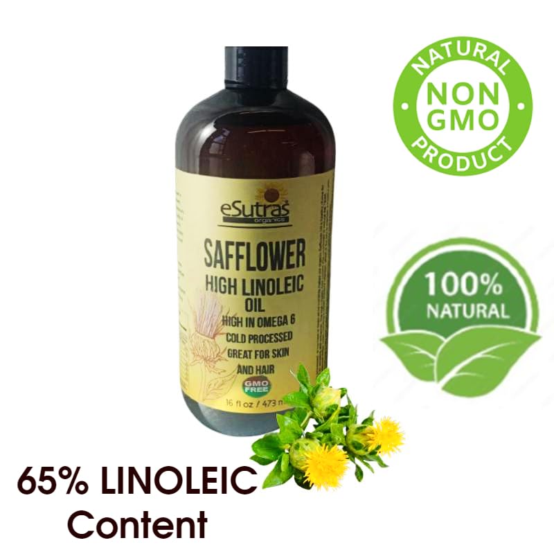 eSutras Organics Linoleic Safflower Oil - Cold Pressed, Moisturizing Non-GMO Oil For Hair, Body & Skin Care(16 oz)