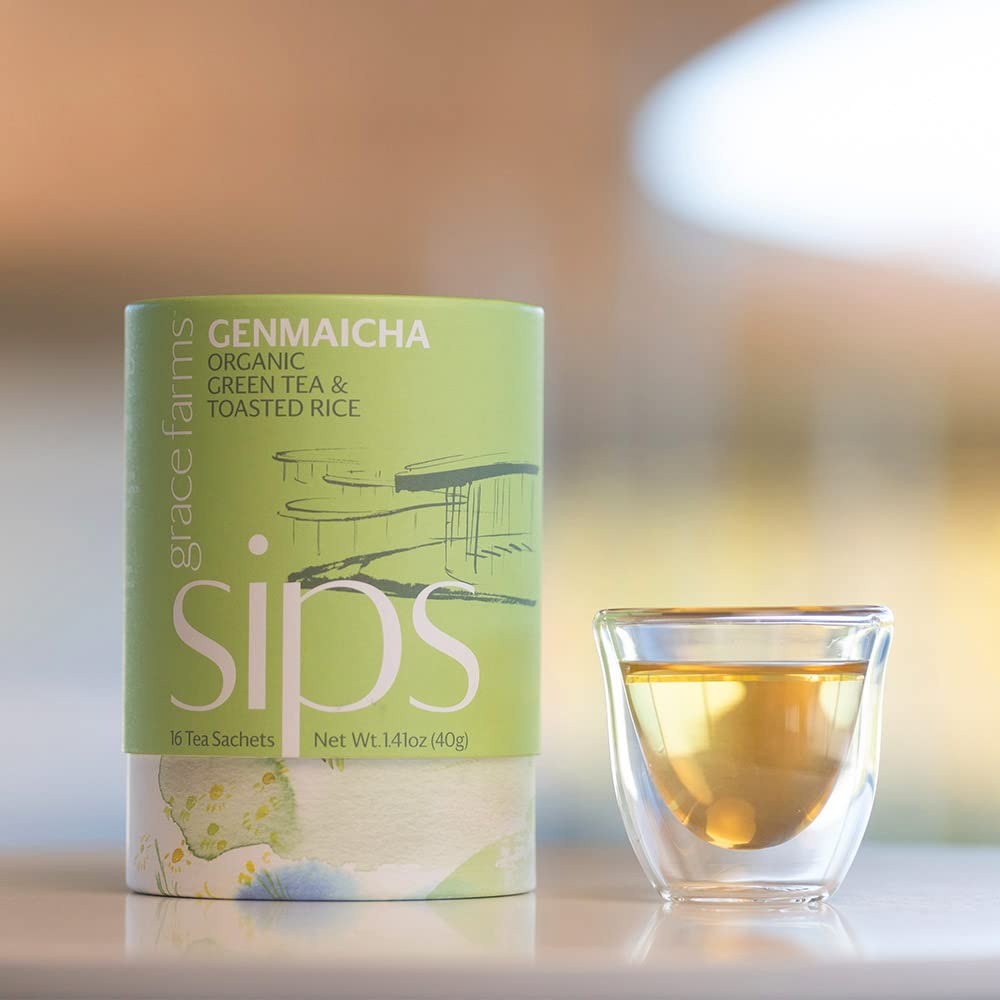 Grace Farms Organic Genmaicha Green Tea (16 Pyramid Sachets) | Japanese Sencha And Toasted Rice | Smooth And Nutty | Organic And