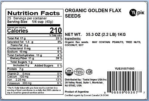 Yupik Organic Golden Flax Seeds, 2.2 lb, Non-GMO, Vegan, Gluten-Free (Pack of 2)